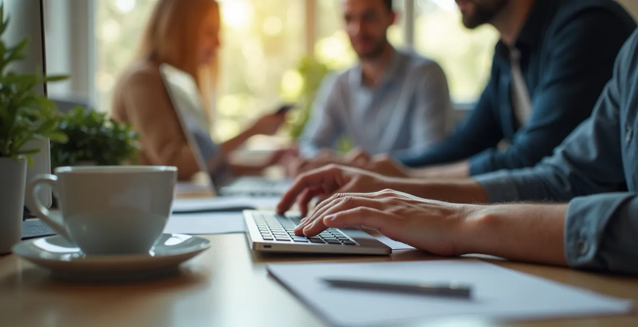 Illustration représentant une collaboration harmonieuse entre humains et outils d'IA dans un environnement de travail moderne