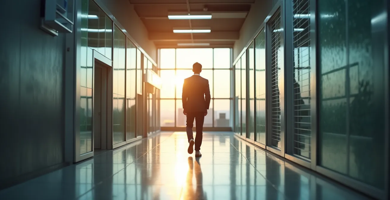 Illustration montrant une PME franchissant des portes de sécurité et de conformité pour accéder au marché des multinationales.