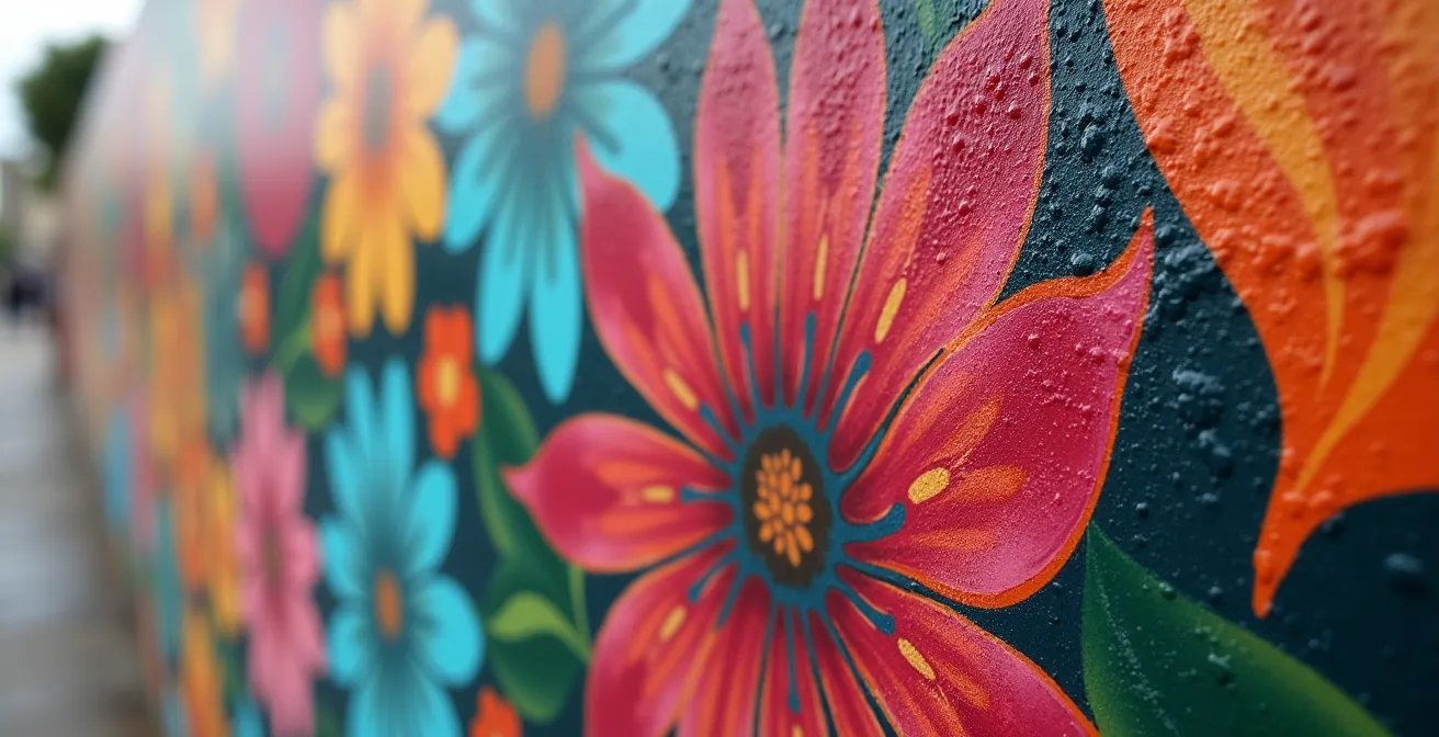 Gros plan d'une murale d'art urbain colorée représentant des silhouettes diversifiées et des éléments de nature, exprimant l'identité et la transformation du quartier.