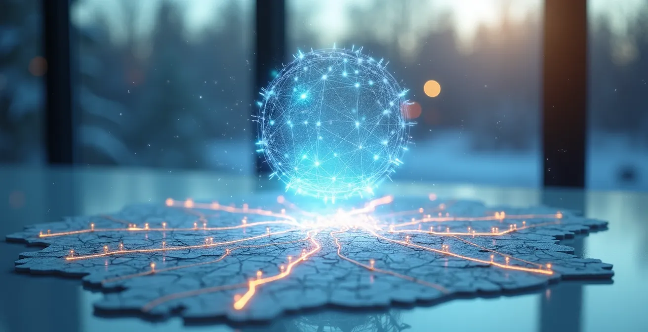 Interface holographique d'optimisation de routes superposée sur une carte de Montréal en hiver