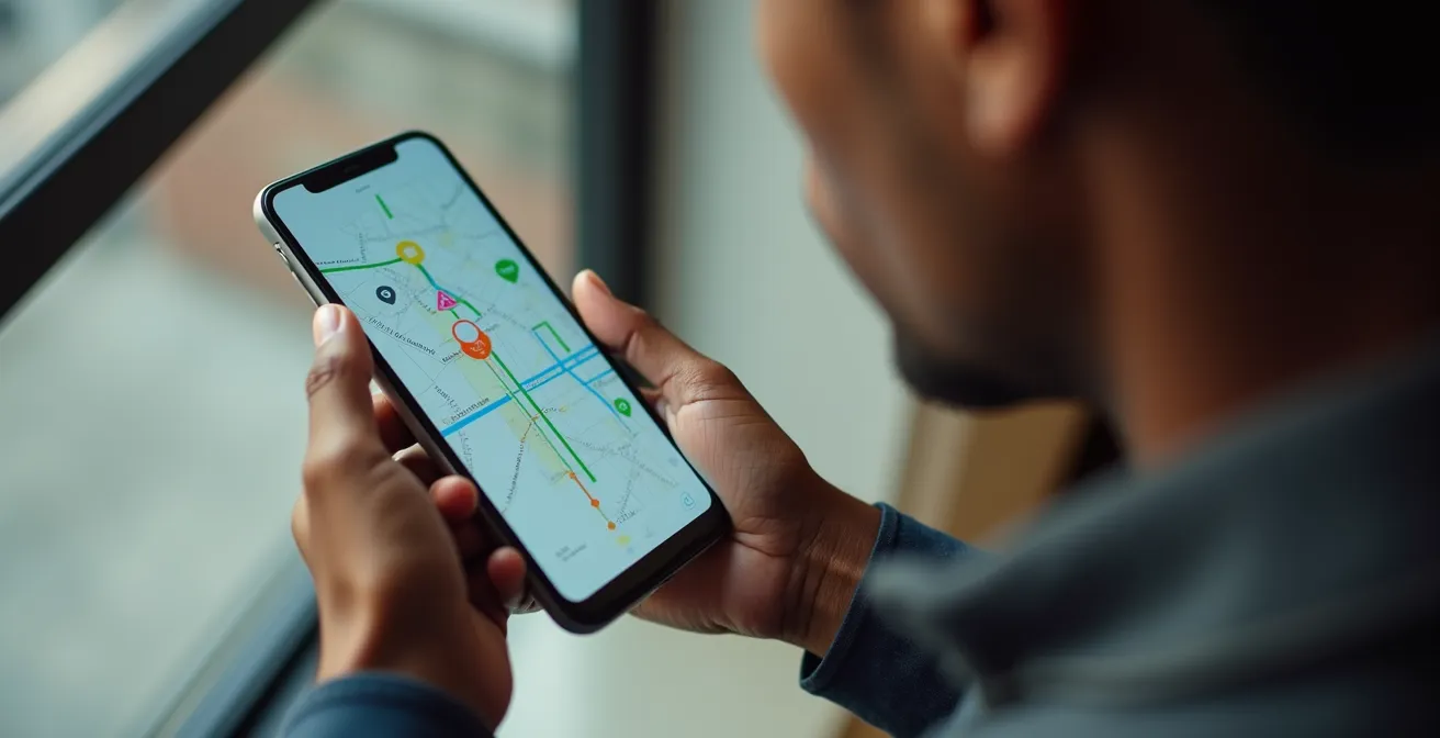 Main tenant un téléphone montrant une carte de Montréal avec différents modes de transport interconnectés