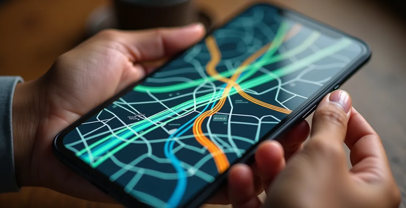 Mains tenant un téléphone montrant une carte de Montréal avec différents modes de transport