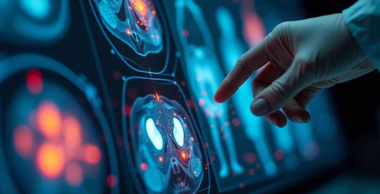 Gros plan sur un écran d'imagerie médicale analysé par intelligence artificielle