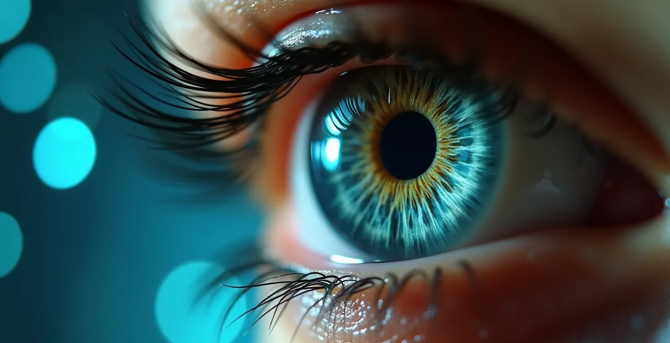 Gros plan d'un œil humain reflétant des motifs lumineux abstraits