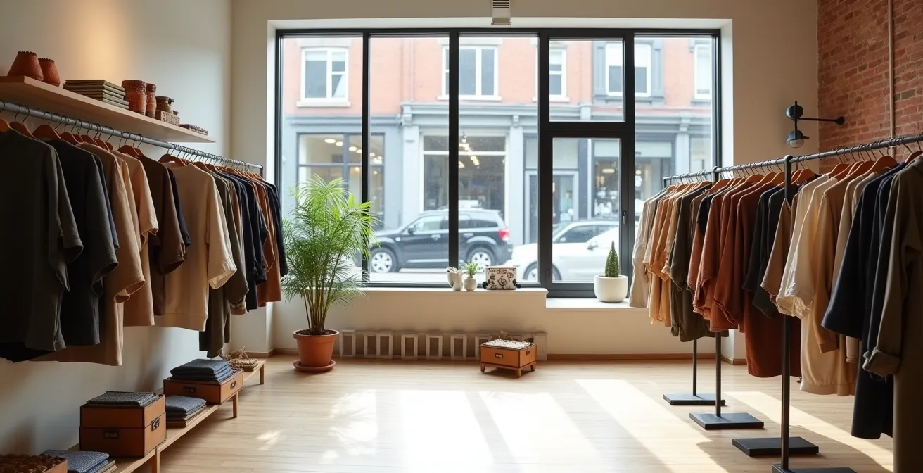 Vue intérieure d'une boutique de créateurs dans le Mile End avec des vêtements locaux exposés