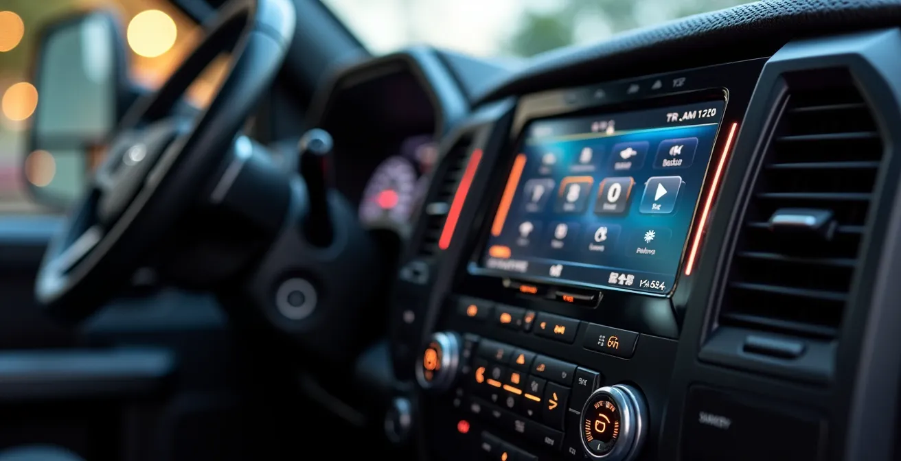 Intérieur high-tech d'une cabine de camion moderne avec équipements de confort et systèmes d'aide à la conduite