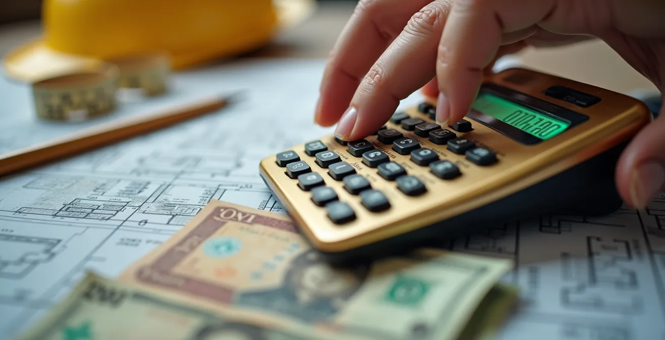 Vue détaillée de documents financiers et calculatrice pour budget de rénovation immobilière