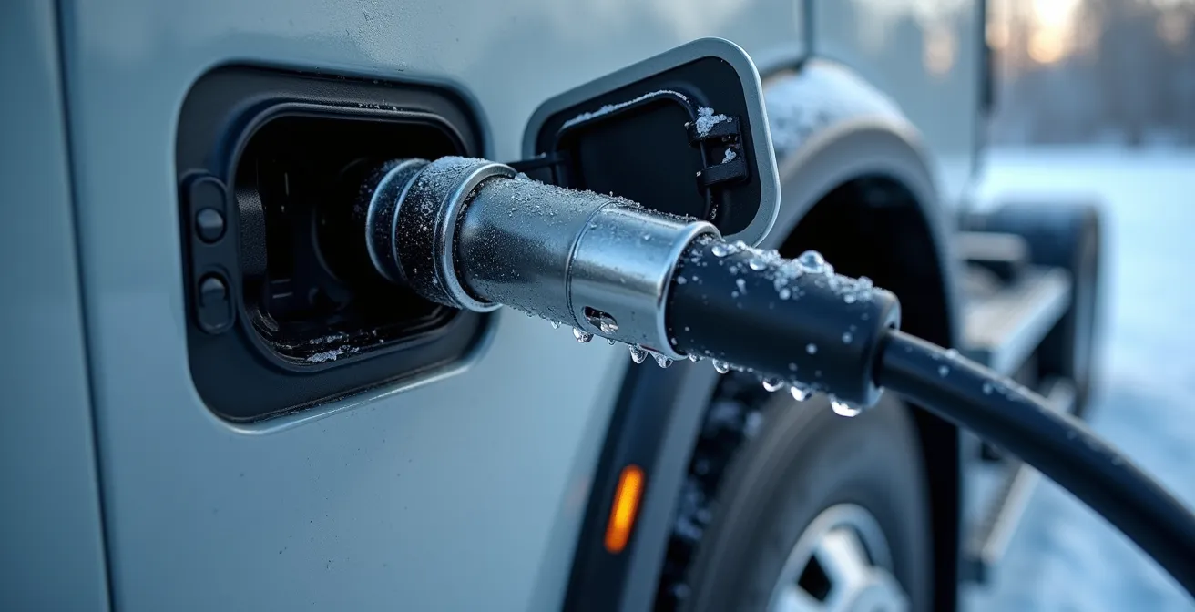 Camion électrique branché à une station de recharge haute capacité en hiver québécois