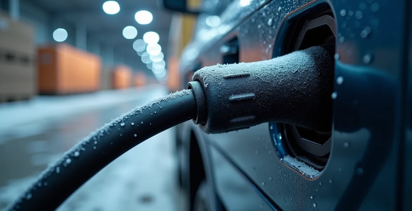 Camion électrique en recharge dans un dépôt logistique en hiver