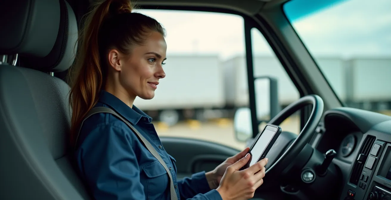 Conductrice professionnelle dans une cabine de camion moderne équipée