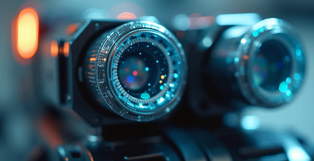 Gros plan macro sur des capteurs LiDAR intégrés dans un véhicule autonome, montrant la complexité technologique.