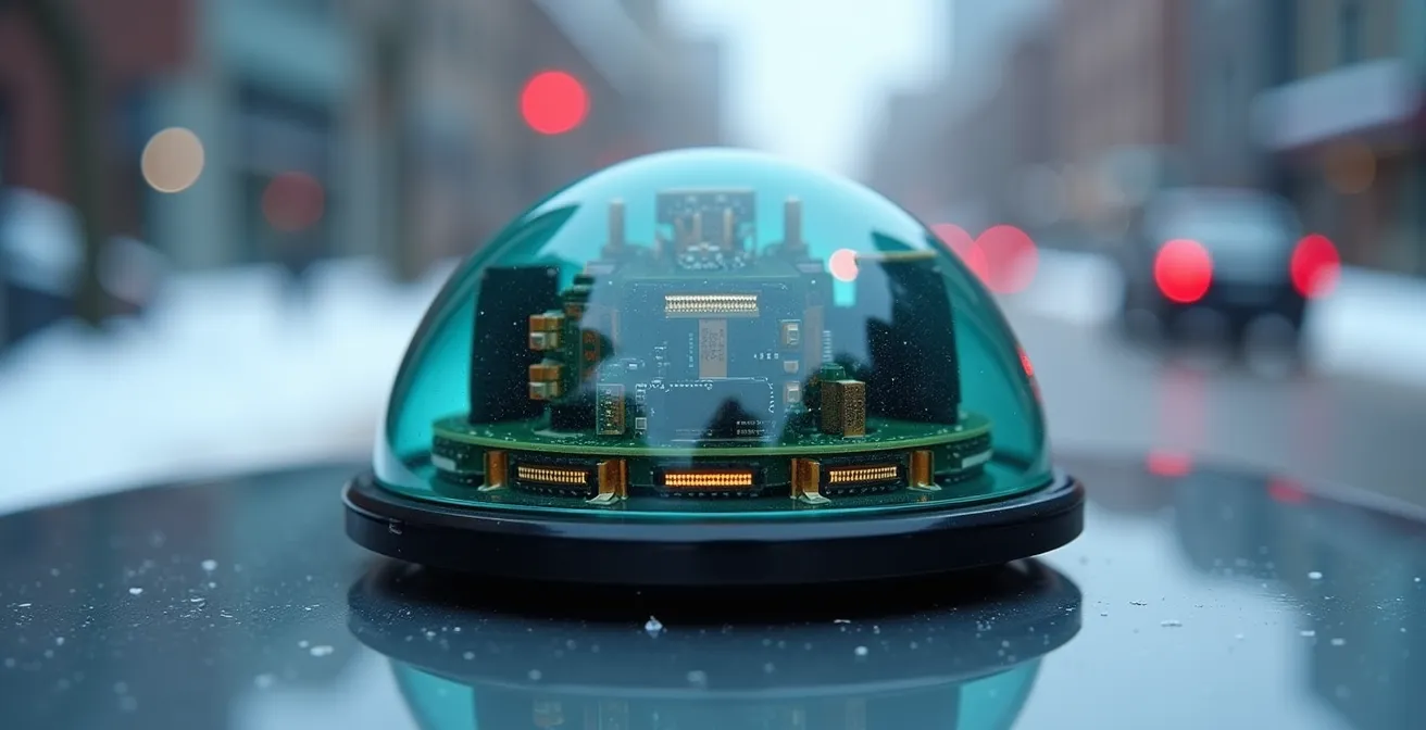 Gros plan macroscopique sur un capteur LiDAR avec faisceaux laser invisibles et circuits électroniques