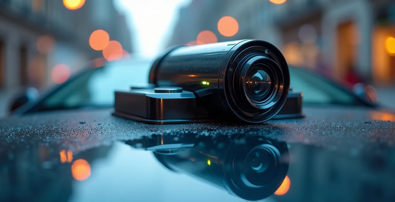 Gros plan macro sur les capteurs LiDAR et caméras d'un véhicule autonome avec reflets de la ville