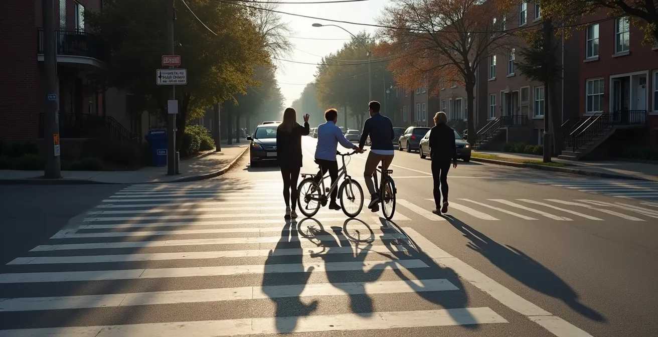 Intersection urbaine montréalaise montrant la cohabitation harmonieuse entre cyclistes, piétons et automobilistes
