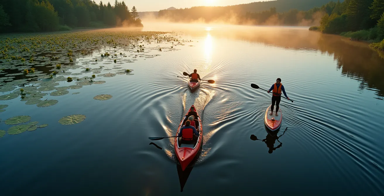 Vue aérienne de trois embarcations sur lac québécois : kayak, canot et paddle board côte à côte
