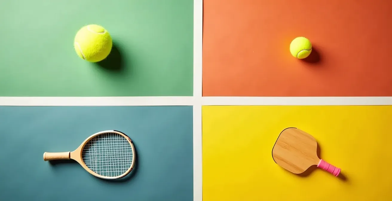 Vue aérienne de différents terrains de sports de raquette avec équipements caractéristiques de chaque sport