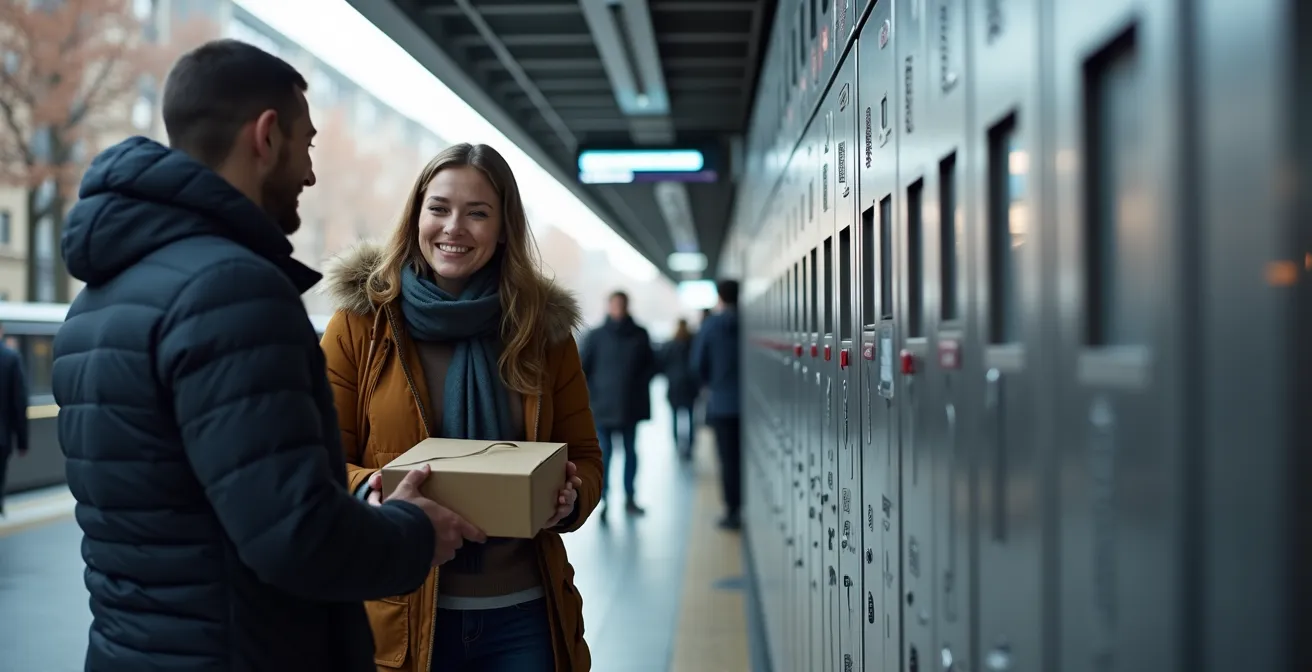 Rangée de consignes automatiques modernes intégrées dans une station de métro montréalaise
