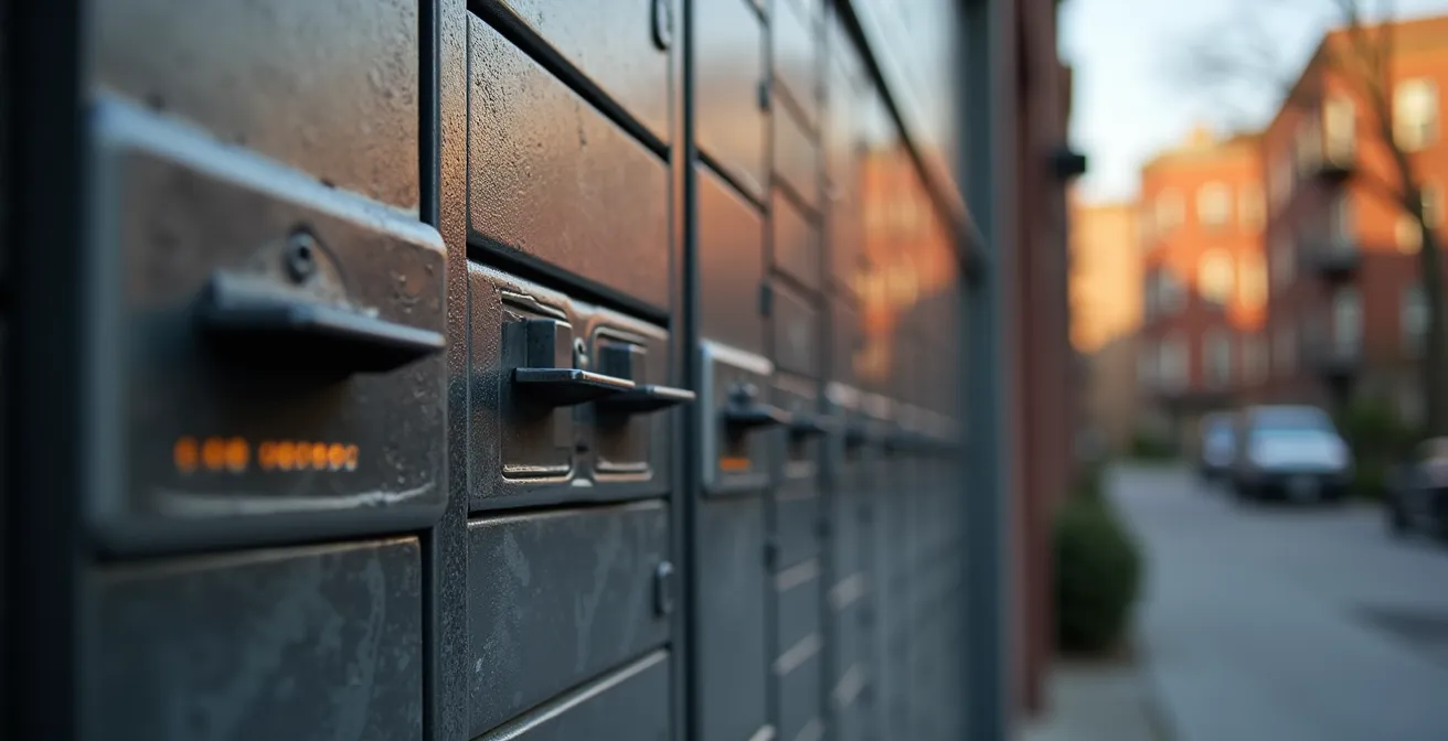 Rangée de casiers de livraison intelligents intégrés dans un environnement urbain résidentiel