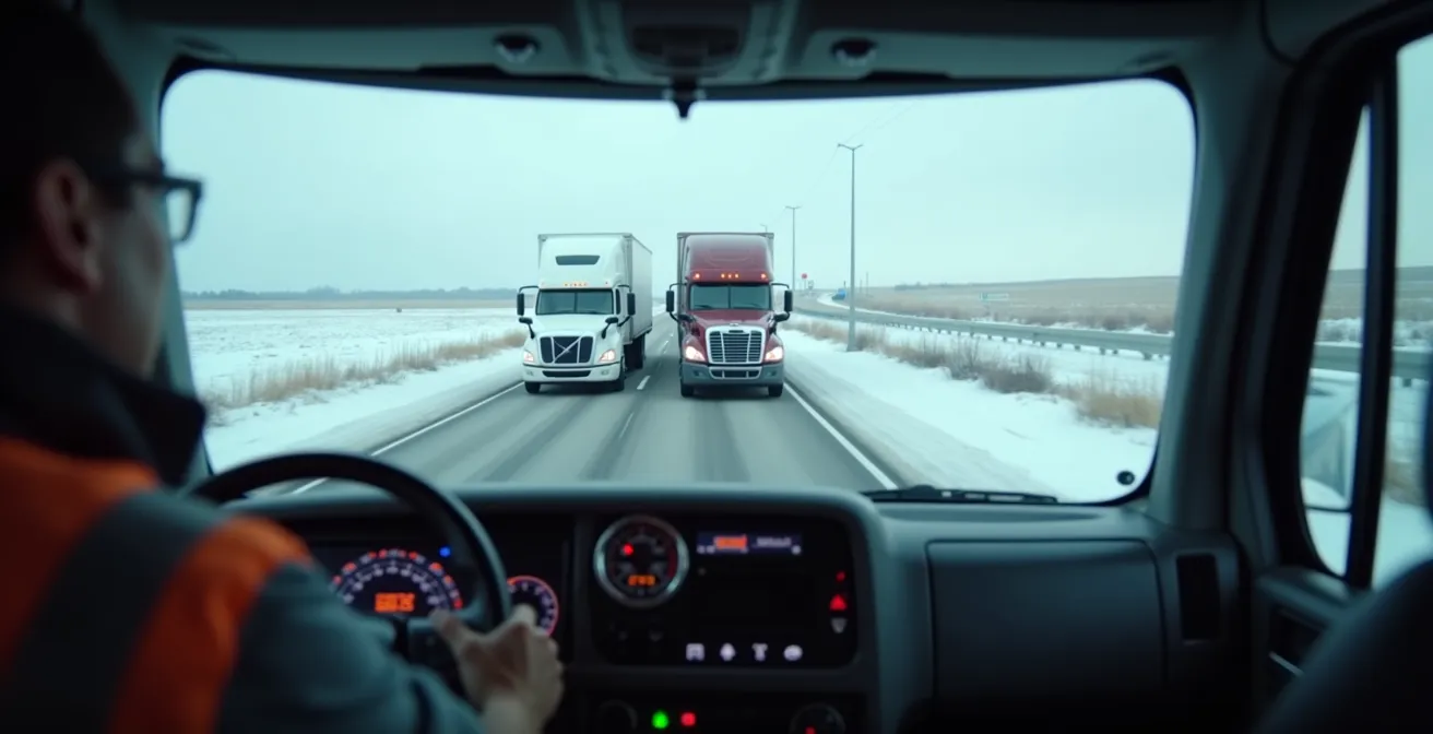 Trois camions semi-remorques en formation de platooning sur une autoroute enneigée canadienne