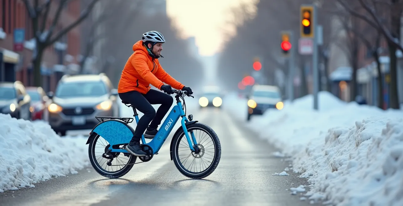 Cycliste sur un BIXI électrique empruntant le Réseau express vélo sur Saint-Denis en hiver