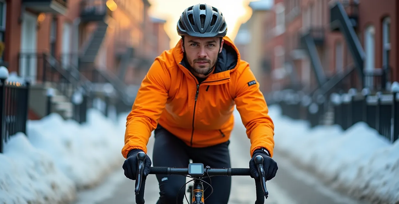 Cycliste naviguant dans les rues enneigées de Montréal avec assistance GPS