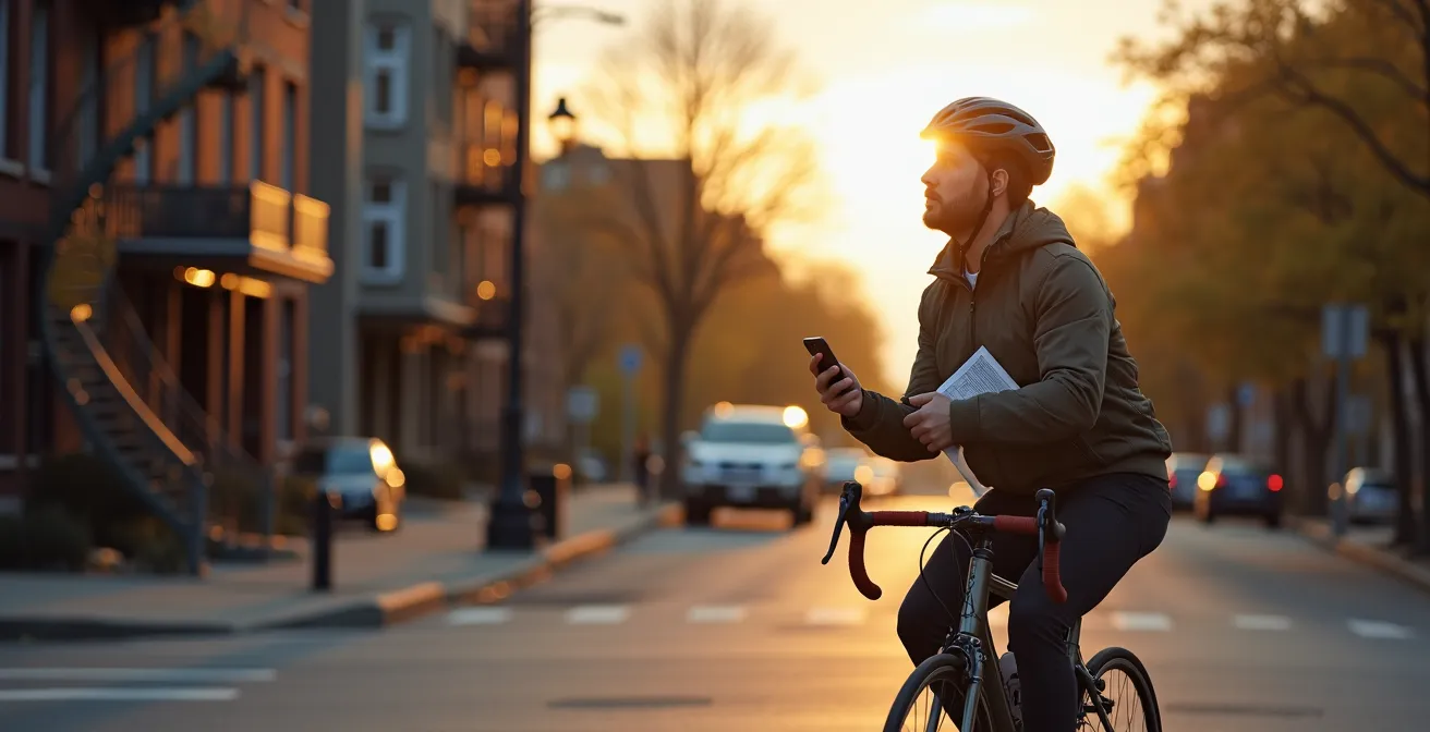 Cycliste s'orientant avec le Mont-Royal en arrière-plan