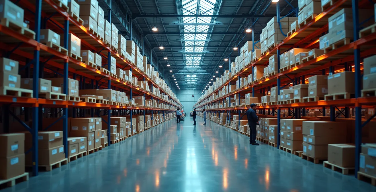 Intérieur d'un entrepôt urbain moderne avec système de préparation de commandes automatisé