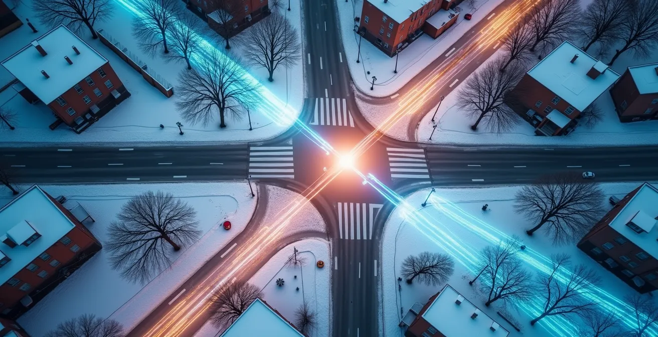 Intersection montréalaise vue du dessus avec trajectoires possibles d'un véhicule autonome face à un dilemme