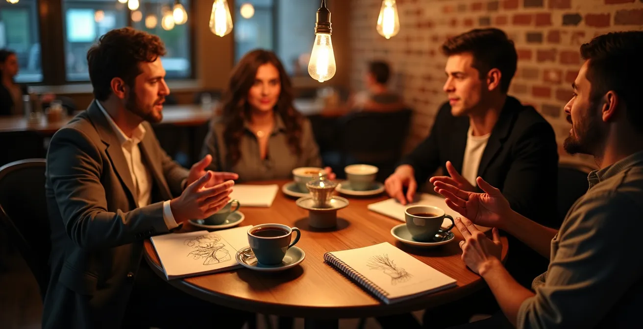 Groupe animé en discussion dans un café culturel du Plateau Mont-Royal