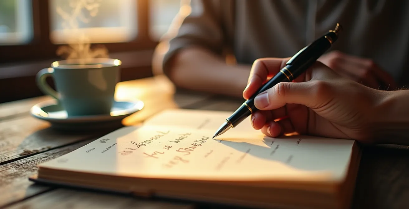 Main tenant un stylo au-dessus d'un carnet ouvert dans un café montréalais lumineux