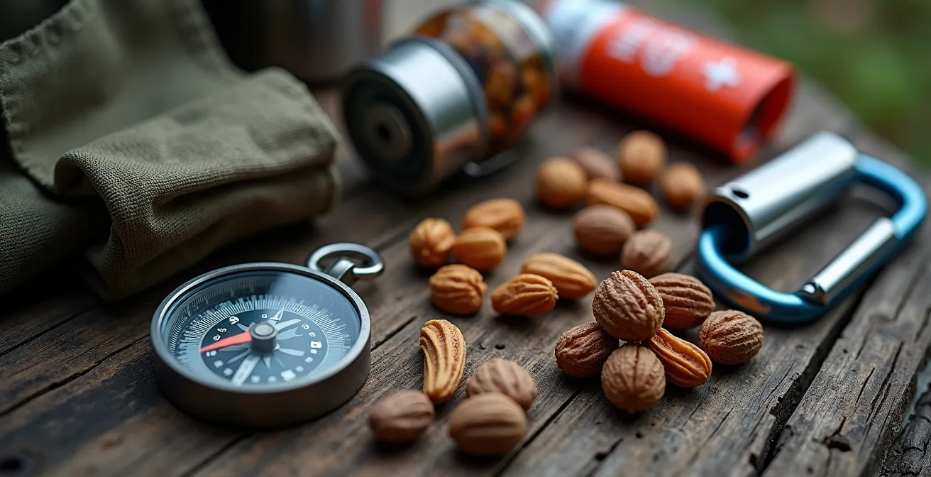 Vue macro détaillée d'équipements de randonnée essentiels disposés sur une surface texturée naturelle