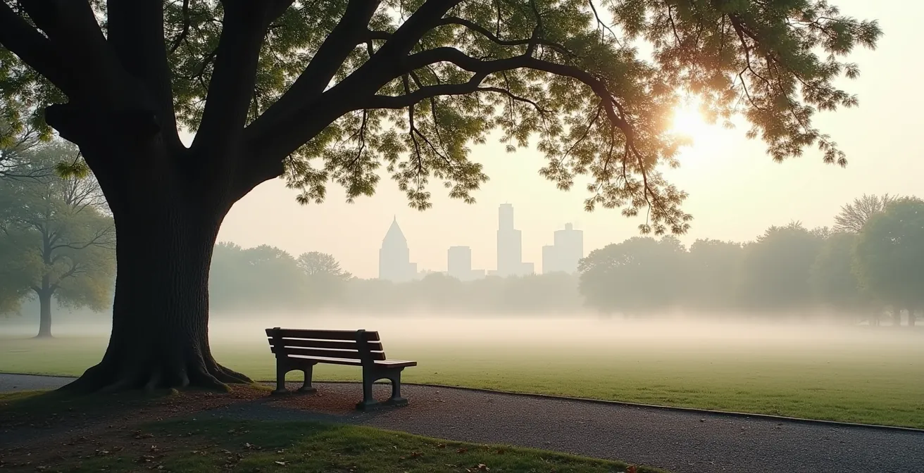Vue grand angle d'un parc montréalais paisible avec banc solitaire sous un érable