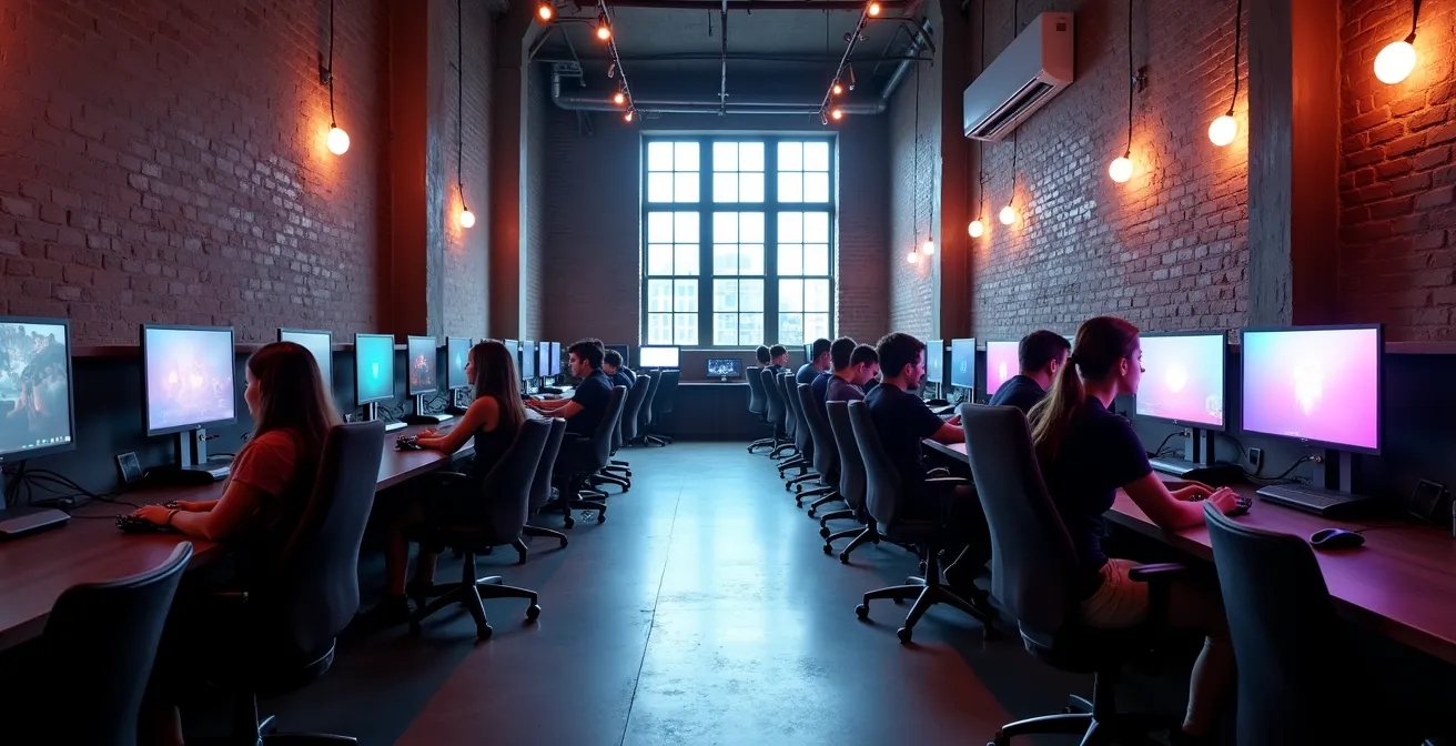 Vue large d'un espace de gaming communautaire moderne à Montréal avec plusieurs stations de jeu et architecture industrielle