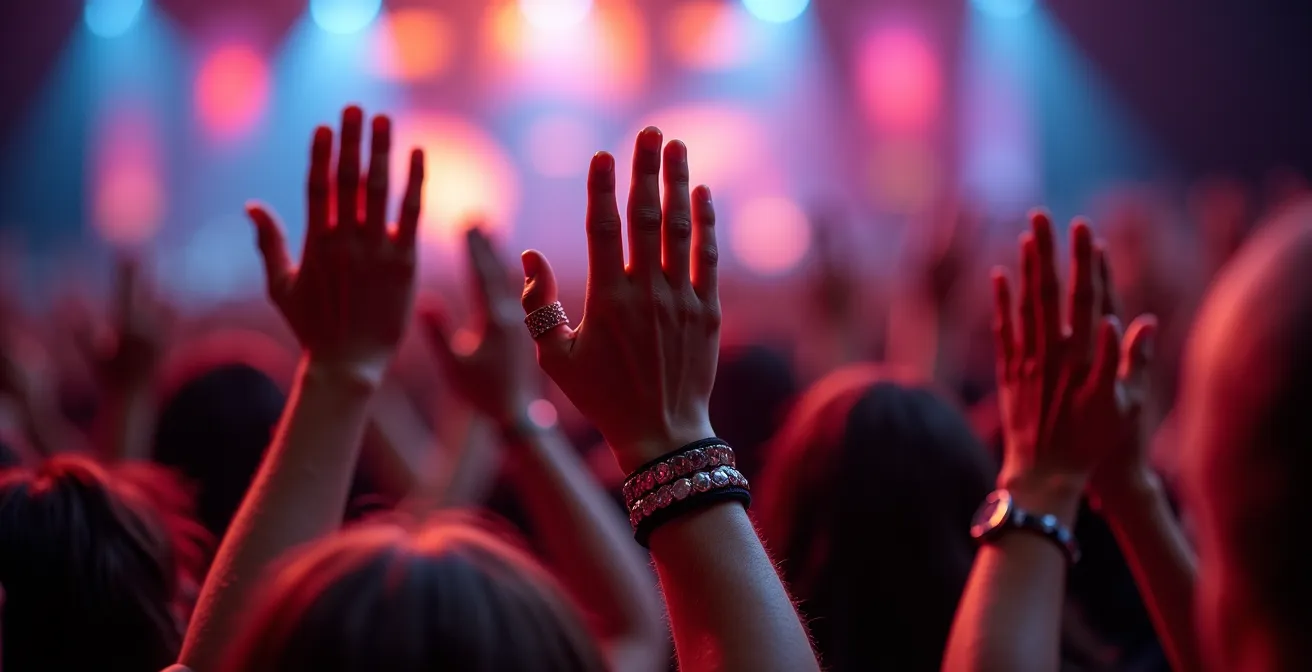 Vue macro de mains applaudissant lors d'un concert avec éclairage dramatique
