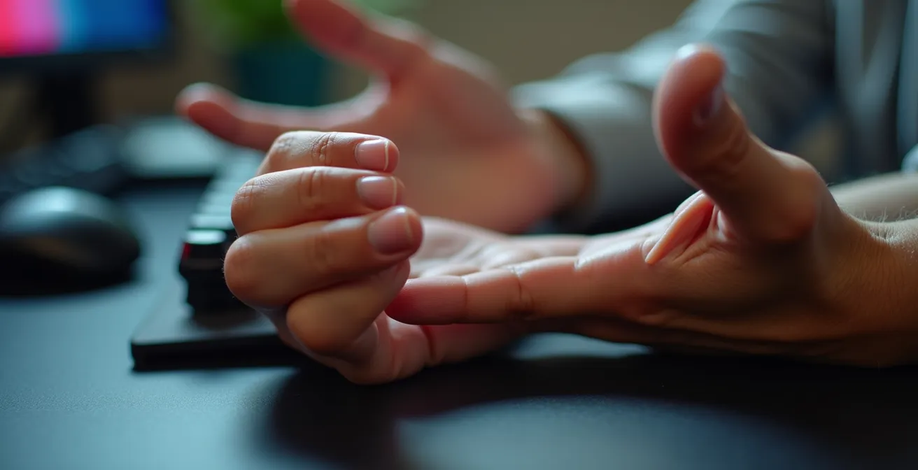 Gros plan macro sur des mains effectuant un étirement du poignet avec détails des tendons visibles