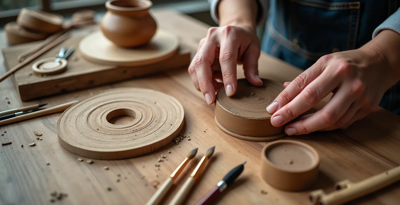 Mains d'adulte manipulant différents outils créatifs dans un atelier lumineux