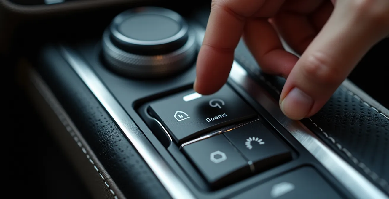 Vue macro d'une main ajustant des paramètres sur un tableau de bord automobile moderne