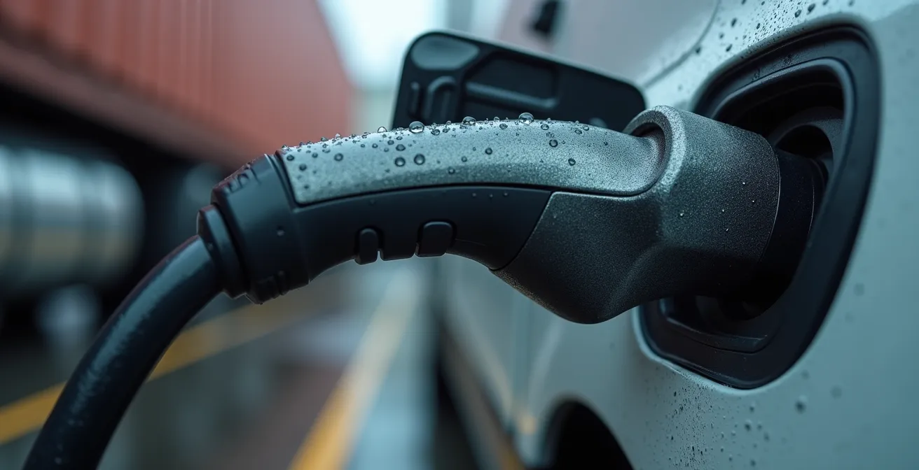 Hub de transbordement périurbain moderne avec camions électriques et infrastructure de recharge