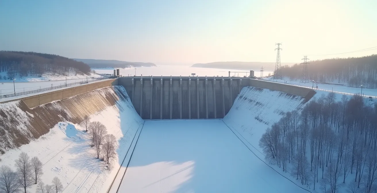 Barrage hydroélectrique du Québec en hiver, symbolisant le débat sur l'utilisation de l'énergie pour le minage de cryptomonnaies.