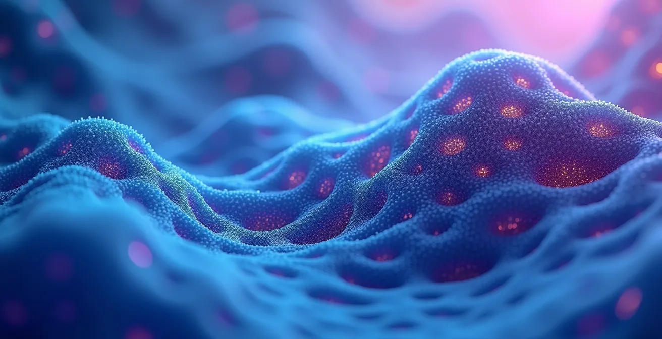 Vue macro de textures médicales abstraites suggérant la précision de l'IA en imagerie