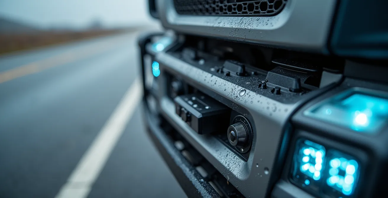 Vue macro de capteurs technologiques sur un pare-chocs de camion