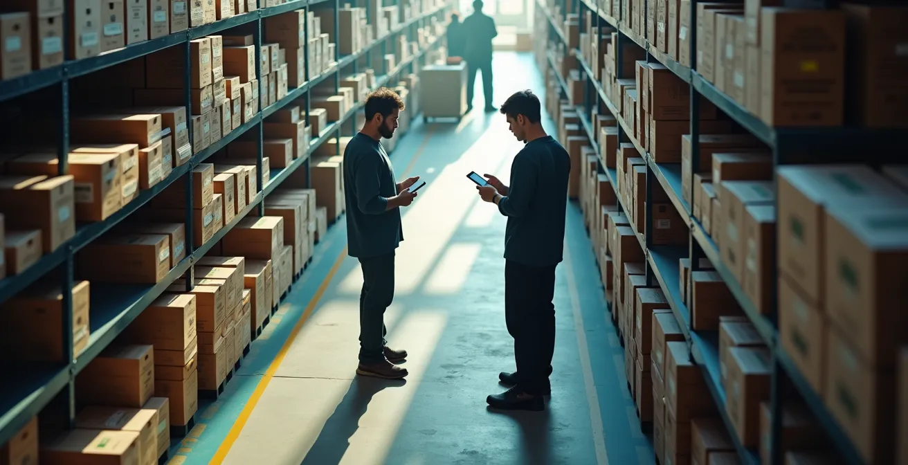 Vue en plongée d'un entrepôt urbain avec préparateurs de commandes en mouvement flou