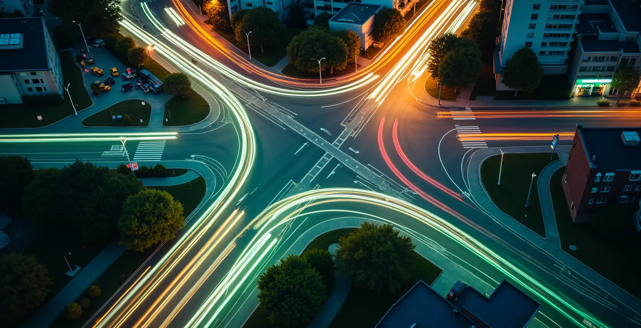 Vue aérienne d'une intersection montréalaise avec des feux de circulation connectés et des flux de véhicules optimisés