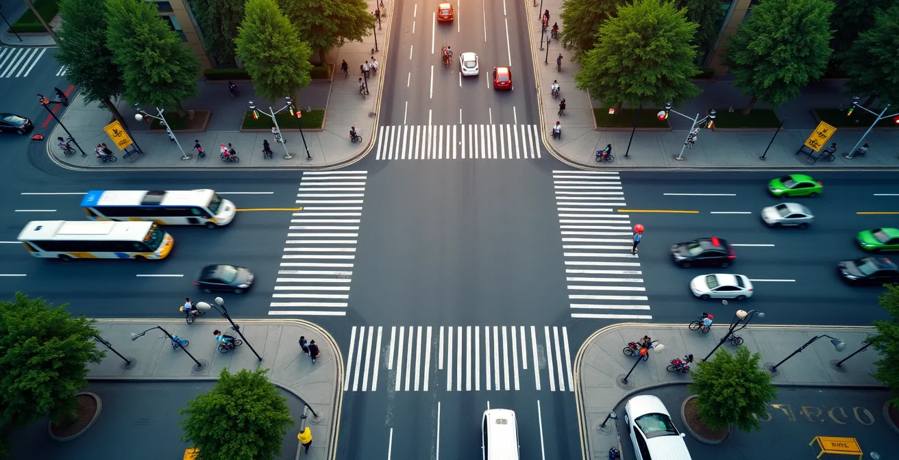 Vue en plongée d'une intersection achalandée montrant la coexistence des différents modes de transport