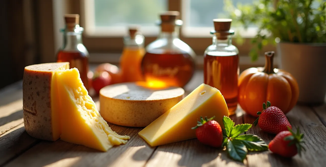 Étalage de produits du terroir québécois avec fromages artisanaux et produits d'érable