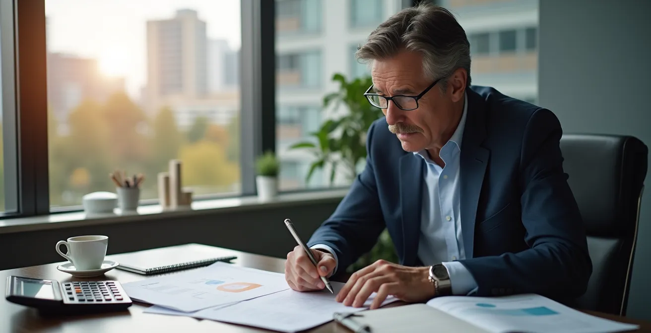 Investisseur analysant des documents financiers avec calculatrice et graphiques de rendement immobilier