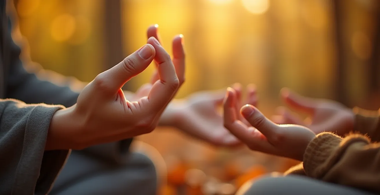 Vue macro de mains en position de méditation mudra avec feuilles d'érable floues en arrière-plan