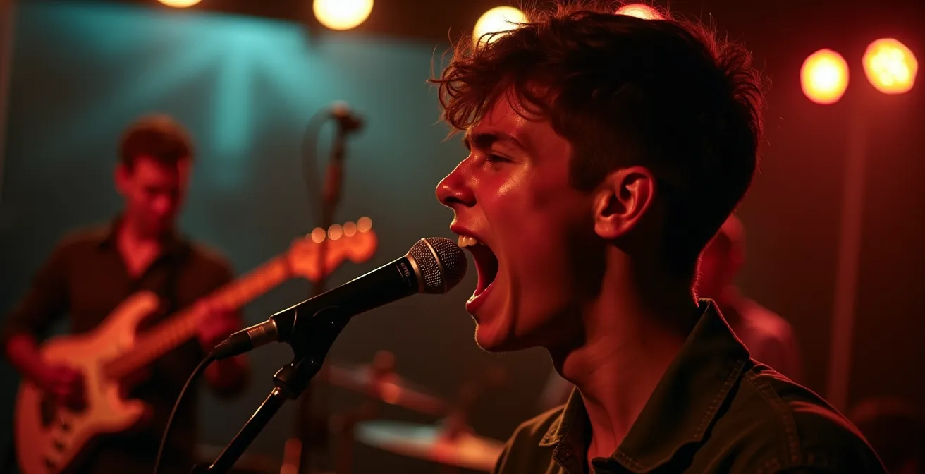 Scène intimiste d'un concert dans une petite salle montréalaise avec musiciens en performance