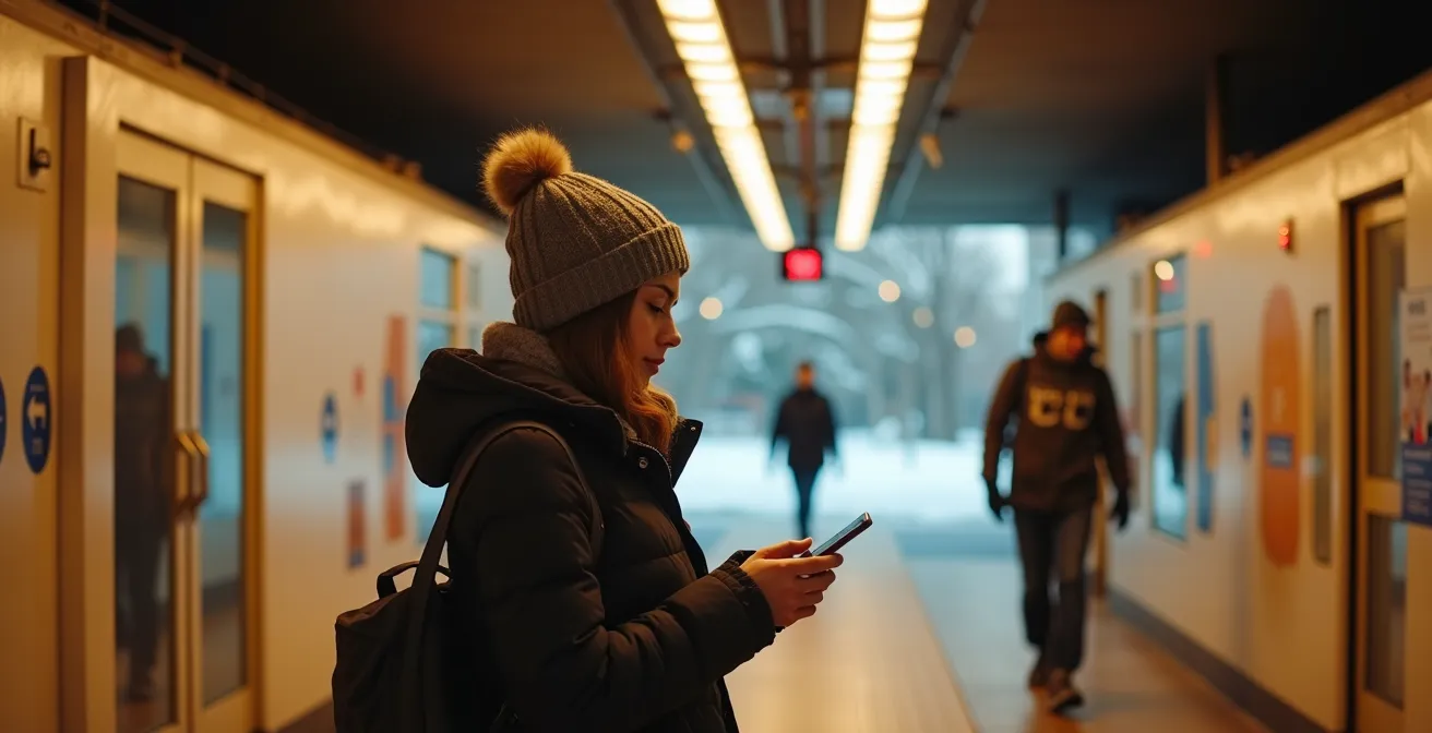 Voyageur utilisant le réseau souterrain RESO pour une correspondance hivernale entre métro et bus