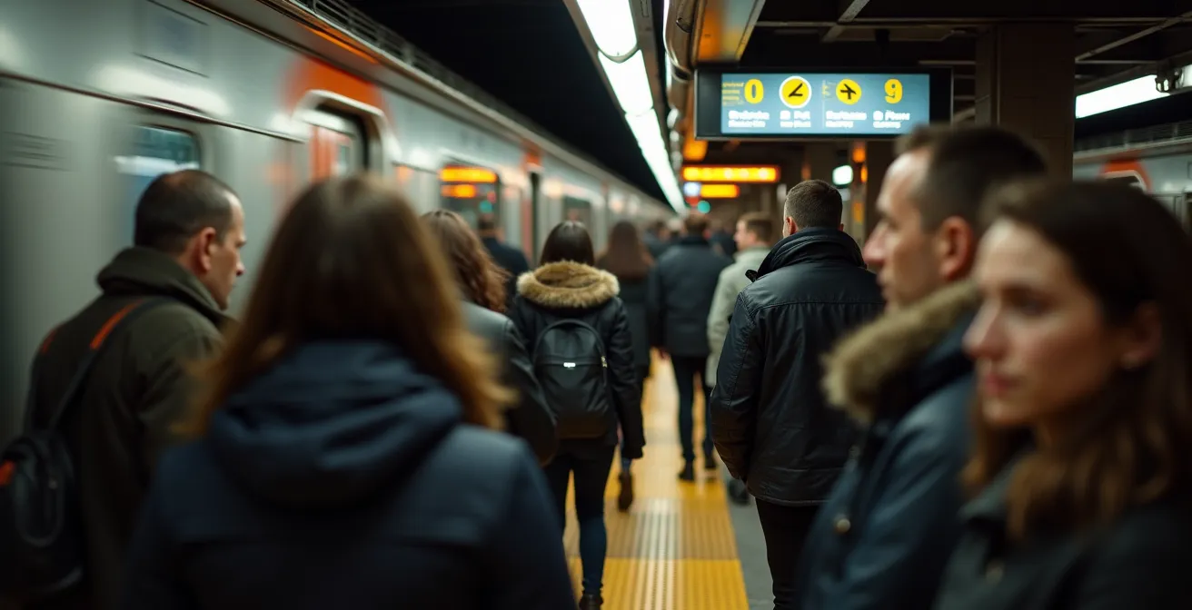Intérieur d'une station de métro montréalaise montrant les marquages au sol pour un embarquement optimal